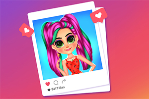 Tegneseriefigur med lyserødt og grønt hår, iført en rød kjole, poserer i en social medie-inspireret ramme med like-ikoner