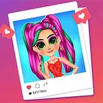 Tegneseriefigur med lyserødt og grønt hår, iført en rød kjole, poserer i en social medie-inspireret ramme med like-ikoner
