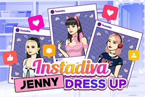Tre illustrationer af forskellige kvinder i stiliseret tøj, omgivet af sociale medieikoner med teksten Instadiva Jenny Dress Up