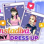Tre illustrationer af forskellige kvinder i stiliseret tøj, omgivet af sociale medieikoner med teksten Instadiva Jenny Dress Up