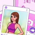 Tegneserieillustration af en kvinde i lilla top med sociale medieikoner og rammer i baggrunden