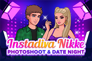 Tegnet billede af en ung mand og kvinde poserende foran en glamourøs baggrund med lyse projektører og teksten Instadiva Nikke Photoshoot & Date Night foran
