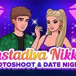 Tegnet billede af en ung mand og kvinde poserende foran en glamourøs baggrund med lyse projektører og teksten Instadiva Nikke Photoshoot & Date Night foran