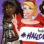 Tre animerede figurer i Halloween-kostumer står sammen, hvor én er klædt som en djævel, én som et skelet, og én i en lilla dragt