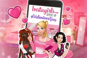 Tre stilfulde piger poserer foran en mobilskærm med teksten Instagirls Dress Up #ValentinesDay omgivet af lyserøde hjerter