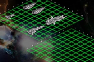 Rumskibe placeret på et todimensionalt gitter med tal, sat mod en baggrund af kosmos