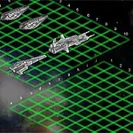Rumskibe placeret på et todimensionalt gitter med tal, sat mod en baggrund af kosmos