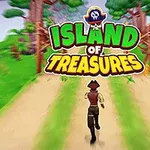 En animeret person løber ned ad en junglevej med træer på begge sider, med teksten Island of Treasures øverst