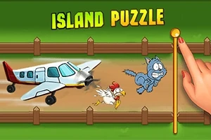 En tegning af et fly, en høne og en kat, der løber langs et hegn med en hånd, der trækker i en pind, under teksten Island Puzzle