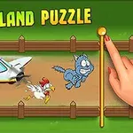 En tegning af et fly, en høne og en kat, der løber langs et hegn med en hånd, der trækker i en pind, under teksten Island Puzzle