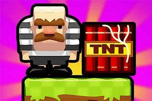 En tegneseriefigur med overskæg i stribet tøj står ved siden af en TNT-blok på en græsplæne-platform med en lilla baggrund