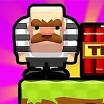 En tegneseriefigur med overskæg i stribet tøj står ved siden af en TNT-blok på en græsplæne-platform med en lilla baggrund