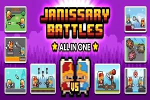 To pixelart-figurer står med teksten Janissary Battles All In One, omgivet af forskellige minispil-scener på en lilla baggrund