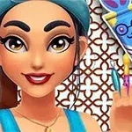 En animeret kvinde med mørkt hår og blå øjenmakeup holder en blyant foran en farverig, festlig baggrund