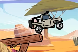 En tegneserieillustration af en jeep, der kører over en trærampe i et ørkenlandskab med et træ i baggrunden