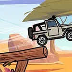 En tegneserieillustration af en jeep, der kører over en trærampe i et ørkenlandskab med et træ i baggrunden