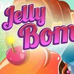 Farverige geléfigurer og en kirsebærbombe med teksten Jelly Bomb i lilla bogstaver