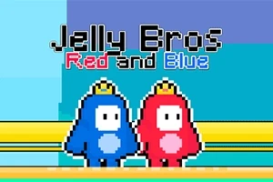 To figurer iført kroner, en blå og en rød, står ved siden af hinanden på en gul platform med teksten Jelly Bros Red and Blue øverst
