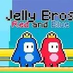 To figurer iført kroner, en blå og en rød, står ved siden af hinanden på en gul platform med teksten Jelly Bros Red and Blue øverst