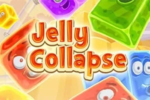 Farverige geléblokke med ansigter omgiver teksten Jelly Collapse på en lys baggrund