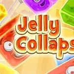 Farverige geléblokke med ansigter omgiver teksten Jelly Collapse på en lys baggrund