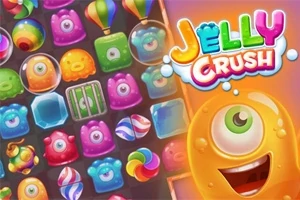 Farverige geléfigurer med forskellige ansigtsudtryk sammen med teksten Jelly Crush