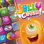 Farverige geléfigurer med forskellige ansigtsudtryk sammen med teksten Jelly Crush