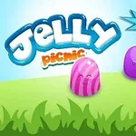 Tegnefilmagtige geléfigurer i forskellige farver på en grøn græsplæne med ordet Jelly i en skyformet tekst og en pokal med +500 i baggrunden