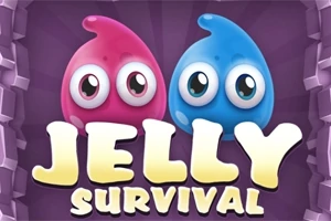 To farvede geléagtige figurer med store øjne står ved siden af hinanden foran teksten Jelly Survival på en lilla baggrund