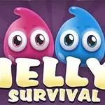 To farvede geléagtige figurer med store øjne står ved siden af hinanden foran teksten Jelly Survival på en lilla baggrund