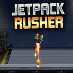 En person med jetpack flyver indendørs under teksten Jetpack Rusher