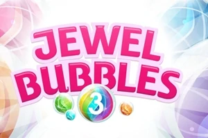 Teksten JEWEL BUBBLES 3 i lyserøde bogstaver med farverige juveler og bobler i baggrunden