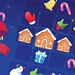 Juletema med snefnug, peberkagehuse, gaveæsker, juleklokker og slikstokke på blå baggrund