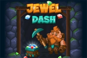 Dværg med skæg holder en hakke ved siden af en vogn fyldt med juveler foran en mineskakt, med teksten JEWEL DASH ovenfor