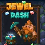 Dværg med skæg holder en hakke ved siden af en vogn fyldt med juveler foran en mineskakt, med teksten JEWEL DASH ovenfor