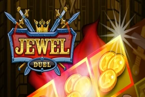 Et skilt med teksten Jewel Duel omgivet af sværd, en kongekrone og guldmønter på en farverig baggrund