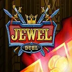 Et skilt med teksten Jewel Duel omgivet af sværd, en kongekrone og guldmønter på en farverig baggrund