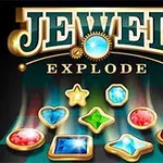 Farverige juveler i forskellige former og størrelser vises med ordene Jewel Explode ovenfor