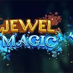 Farverige juveler og krystaller spredt på en mørk baggrund med teksten JEWEL MAGIC