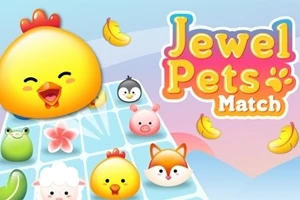 Farverigt billede med søde dyreansigter som kylling, pingvin, gris og ræv samt teksten Jewel Pets Match på en blå baggrund
