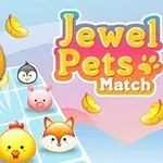 Farverigt billede med søde dyreansigter som kylling, pingvin, gris og ræv samt teksten Jewel Pets Match på en blå baggrund