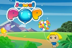 En tegneseriefigur med en buket farverige balloner står i et landskab med bjerge og blå himmel, mens der står Jewel Pop i toppen