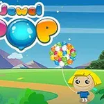 En tegneseriefigur med en buket farverige balloner står i et landskab med bjerge og blå himmel, mens der står Jewel Pop i toppen