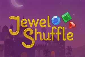 Teksten Jewel Shuffle med farverige juveler på en lilla baggrund med en silhouet af et slot og en halvmåne
