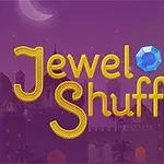 Teksten Jewel Shuffle med farverige juveler på en lilla baggrund med en silhouet af et slot og en halvmåne