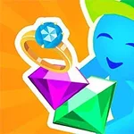 En blå figur med en grøn kasket holder farverige ædelstene og en ring med en stor blå diamant på en orange baggrund