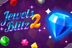 Farverigt design med teksten Jewels Blitz 2 og forskellige skinnende juveler på en lilla baggrund