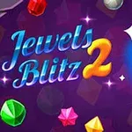 Farverigt design med teksten Jewels Blitz 2 og forskellige skinnende juveler på en lilla baggrund