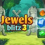 Farverig illustration med juveler i forskellige former og farver ved siden af stenskulpturer i en junglebaggrund