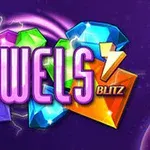 Farverige juveler og lyn med teksten JEWELS BLITZ på en lilla baggrund